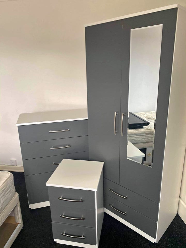 2 Door Grey with White Mirrored Wardrobe Set