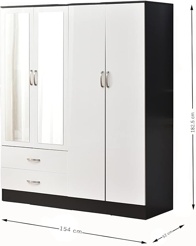 White Snow High Gloss Bedroom Furniture Range – Wardrobe, Drawers &amp; Bedside – Black with White (4 Door Wardrobe)