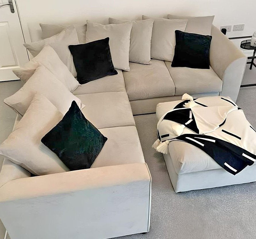 5 seater Dylan Range of plush velvet sofas is renowned for its luxurious feel and stylish design (White, Left Hand Corner Sofa)