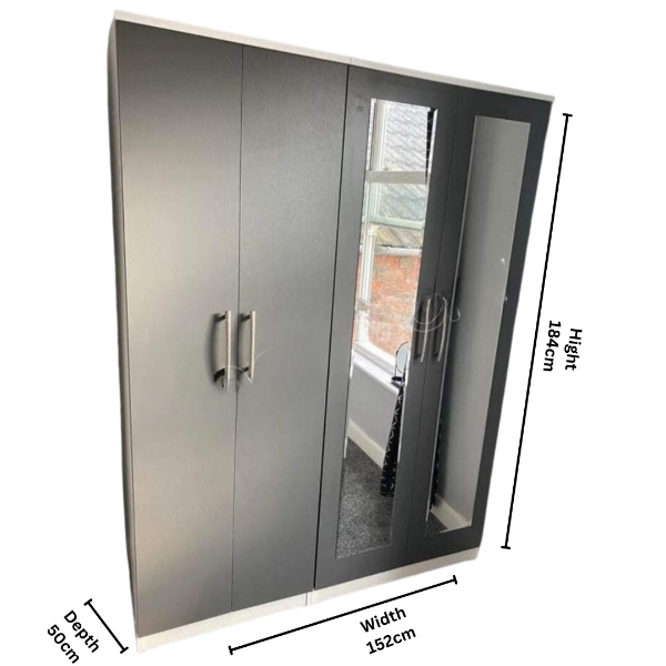 Gray Elegance 4 Door Wardrobe with Dual Full Mirrors