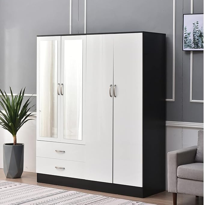 White Snow High Gloss Bedroom Furniture Range – Wardrobe, Drawers &amp; Bedside – Black with White (4 Door Wardrobe)