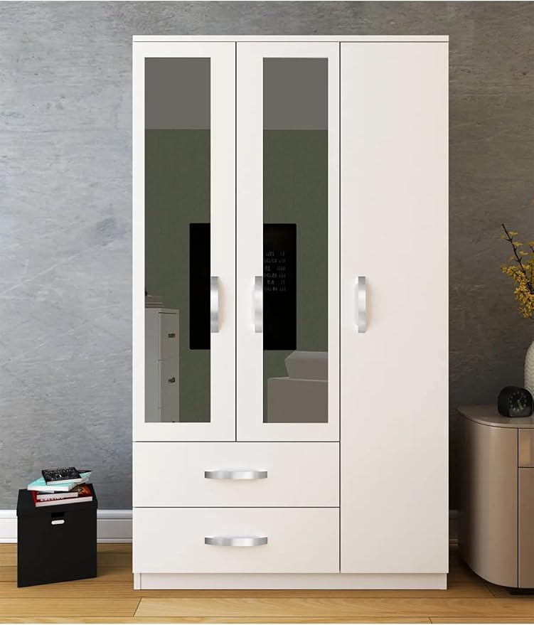 White Serenity 3 Door Wardrobe with Mirrored Side Doors &amp; Drawers