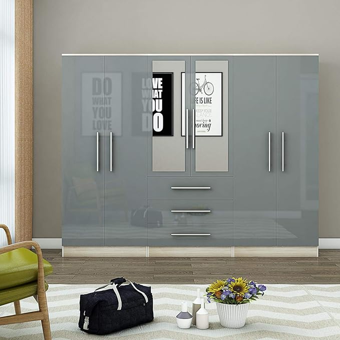 Gray &amp; Oak Glossy Shine 6 Door Wardrobe with Dual Center Mirrors