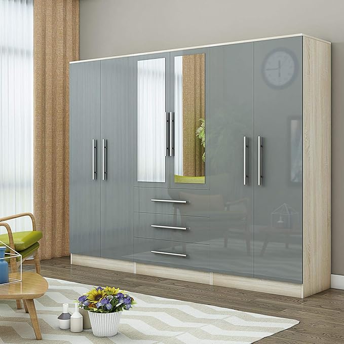 Gray &amp; Oak Glossy Shine 6 Door Wardrobe with Dual Center Mirrors