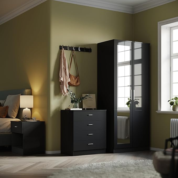 Black Gloss Elegance 2 Door Wardrobe Set with Mirror & Cabinet