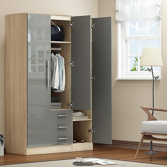 White & Oak Harmony 3 Door Wardrobe with Center Drawers