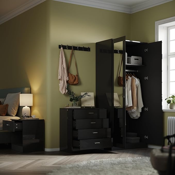 Black Gloss Elegance 2 Door Wardrobe Set with Mirror & Cabinet