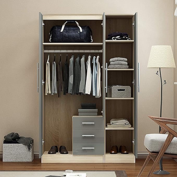 White & Oak Harmony 3 Door Wardrobe with Center Drawers