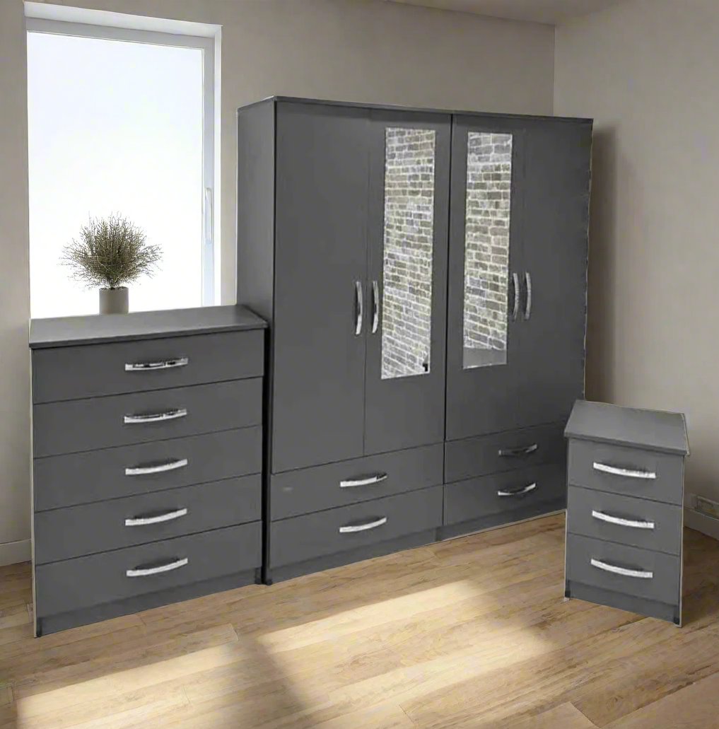 4 Door Fitted Wardrobe in gray with Chester and bedside