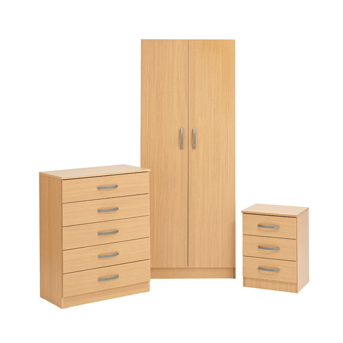 Oak 2 Door Wardrobe, 5 Drawer Chest, and 3 Drawer Bedside Set