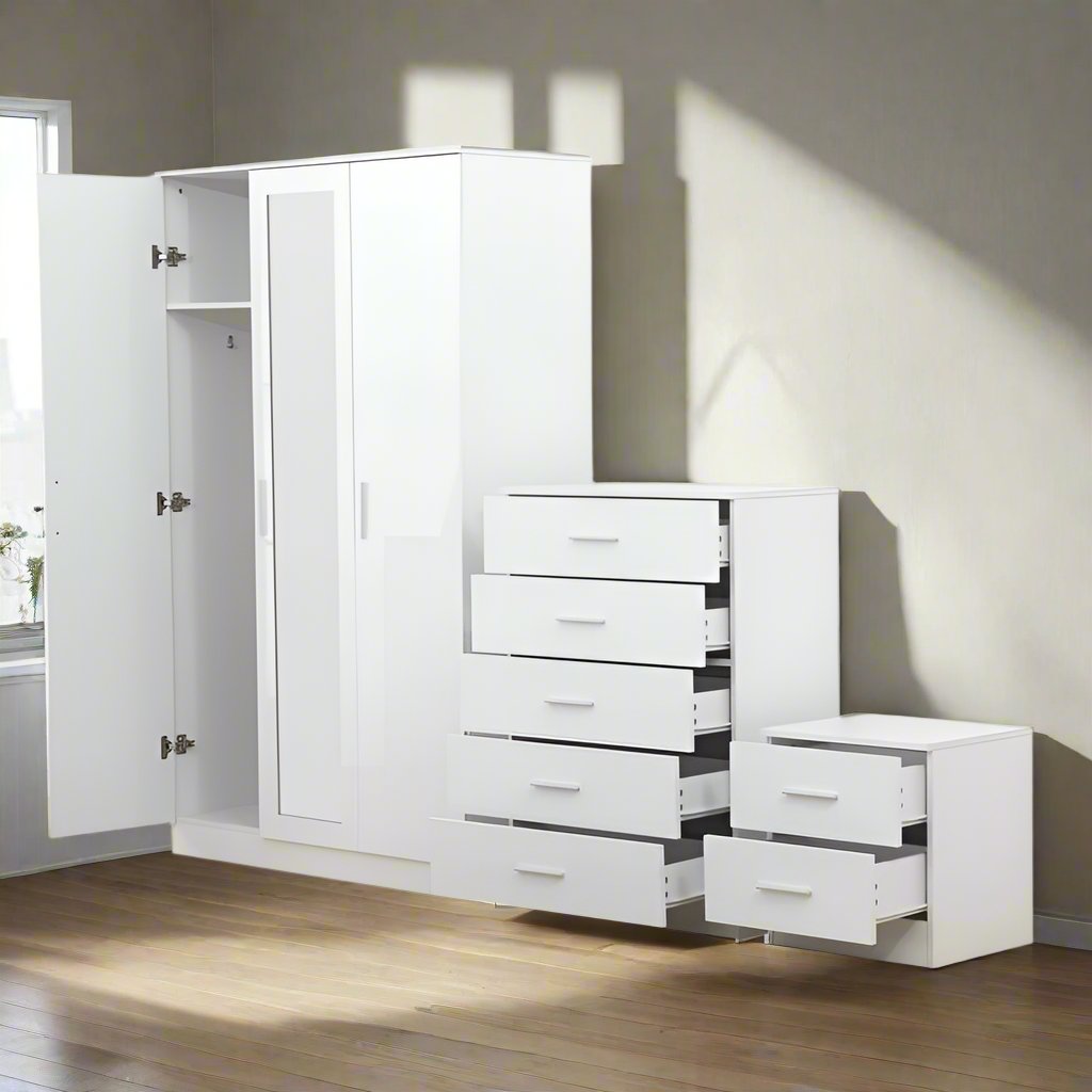 Eva Trio Wardrobe Set with 5 Drawer Chest &amp; Bedside Drawer