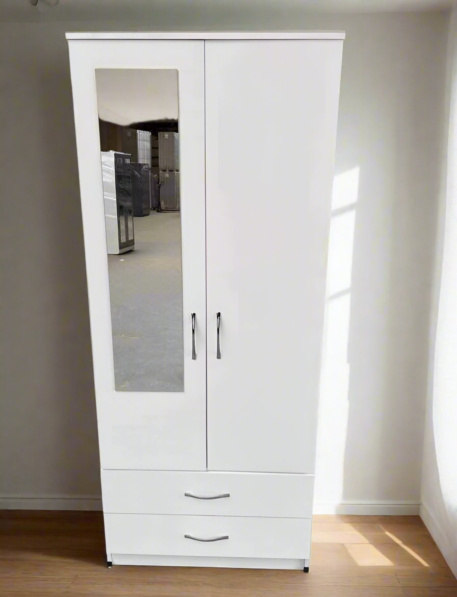 Mirrored Elegance 2 Door Wardrobe with Shelves & Dual Drawers