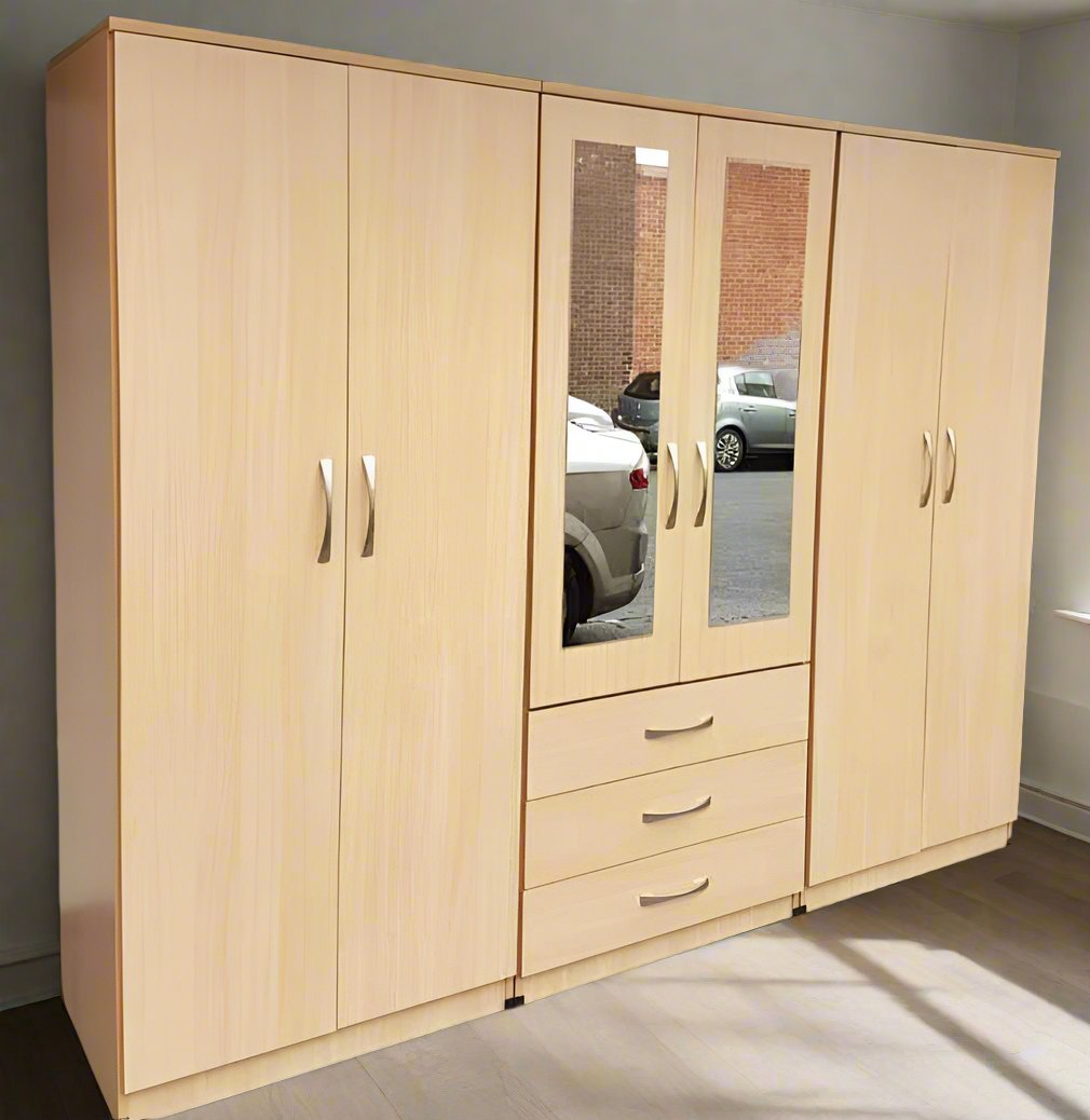 Oak 6 Door Wardrobe with Dual Center Mirrors – Timeless Elegance