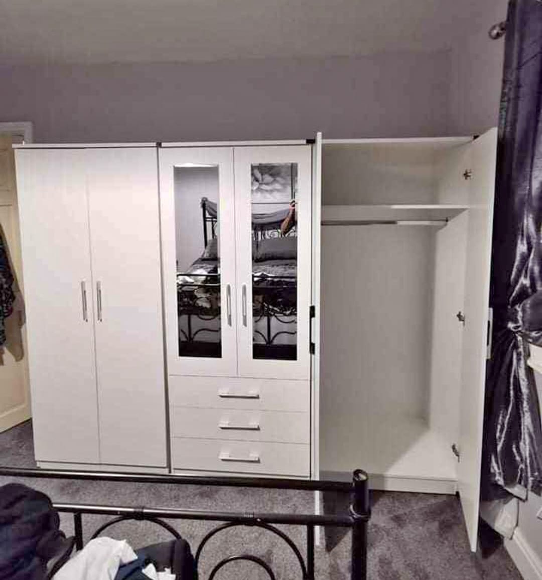 Pure White  6 Door Wardrobe with Dual Center Mirrors