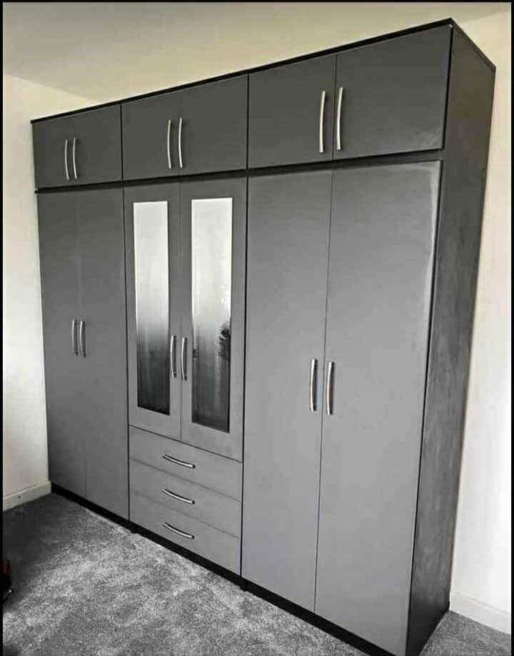 Elegant Gray 6 Door Wardrobe with 4 Mirrors and Top Box