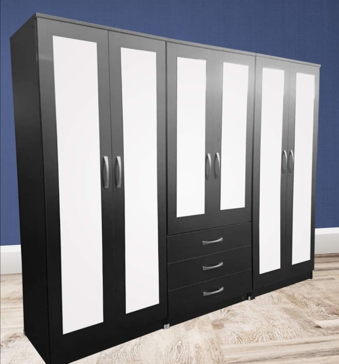 Sleek Black 6 Door Wardrobe with 6 Mirrors