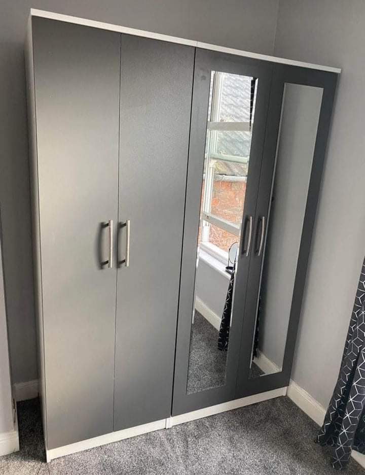 Gray Elegance 4 Door Wardrobe with Dual Full Mirrors