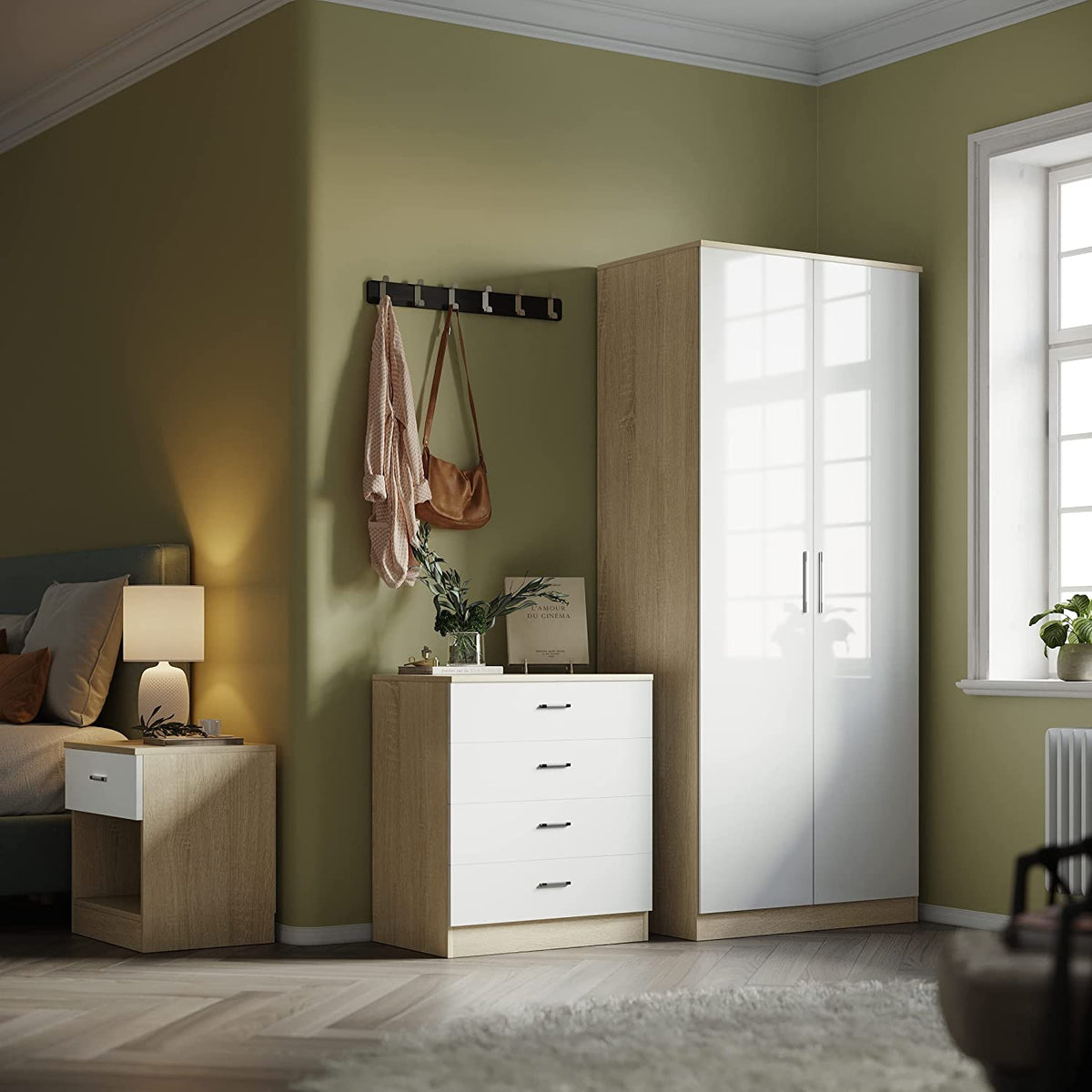 Oak & White Serenity 2 Door Wardrobe Set with Chester Drawers