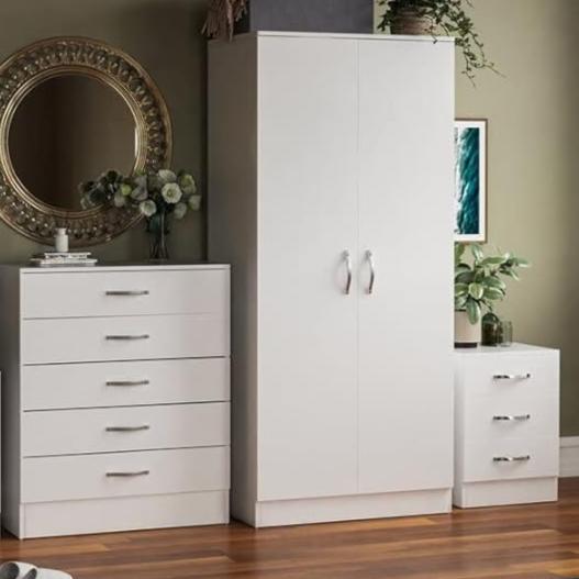 White 2 Door Wardrobe Set with 5 Drawer Chest and 3 Drawer Bedside Cabinet