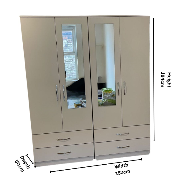 Timber Luxe 4 Door Mirrored Wardrobe with Bottom Drawers