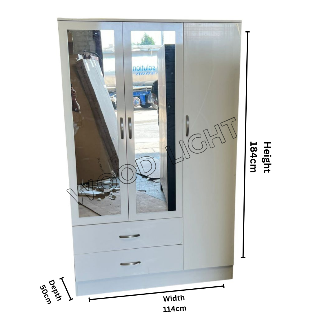 White Serenity 3 Door Wardrobe with Mirrored Side Doors &amp; Drawers