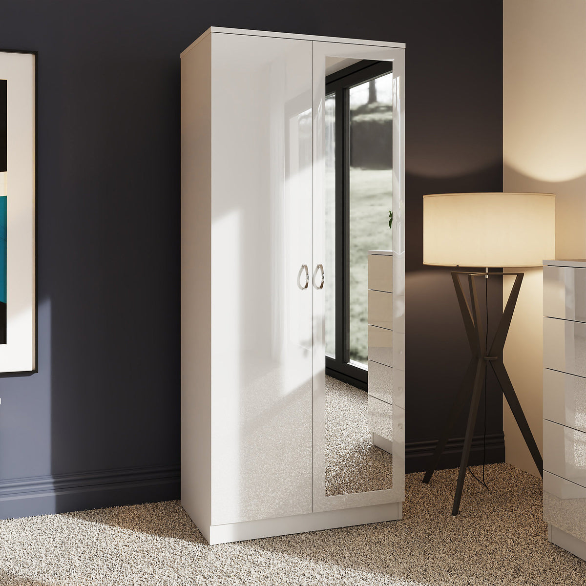 Crystal White 2 Door Wardrobe with Mirror Panel