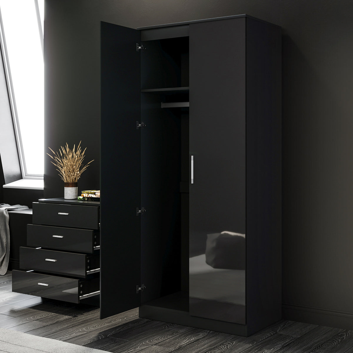 Black 2 Door Wardrobe with 4 Drawer Chester